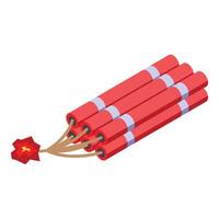 Red dynamite sticks tied together with detonator fuse burning vector