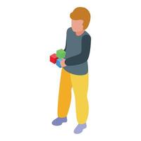 Kindergarten boy playing with colorful building blocks, developing creativity and motor skills vector