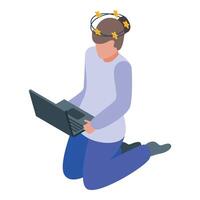 Freelancer feeling dizzy while working on laptop, isometric view of dizziness vector
