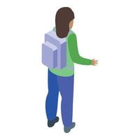 Female hiker walking with backpack, exploring nature trail vector