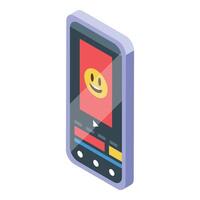 Smartphone showing editing software with smiley emoji and play button vector