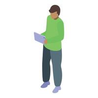 Young man using tablet, working or studying with electronic device vector