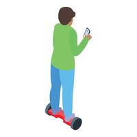 Young man riding electric scooter and using smartphone vector