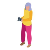 Female photographer holding a compact digital camera is working vector