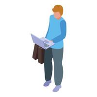 Freelancer working remotely using laptop and holding briefcase isometric icon vector