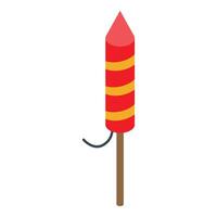 Red and yellow firework rocket standing on wooden stick with fuse vector