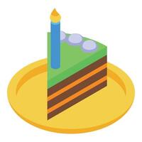 Green birthday cake slice with candle on golden plate vector