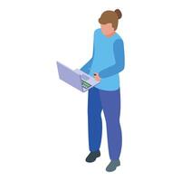 Tester is using laptop and testing software, writing notes on portable computer vector