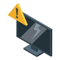 Broken computer screen showing alert warning sign isometric view vector