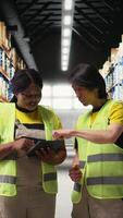 Vertical African american and asian people managing online orders and airway bills, checking the inventory before preparing the products in packages. Large business retail operations. Camera A. video
