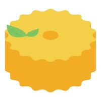 Round sponge cake decorated with green leaves, isometric view vector
