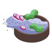 Purple rice porridge being prepared with radish and wasabi in isometric view vector