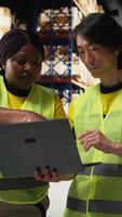 Vertical African American and Asian workers manage goods for a large brand, examining stock on laptop and streamlining order fulfillment. Professional express delivery for customers. Camera A. video
