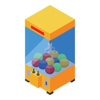 Claw crane arcade game grabbing colorful balls inside glass box vector