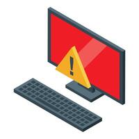 Desktop computer showing warning alert on red screen, isometric view vector