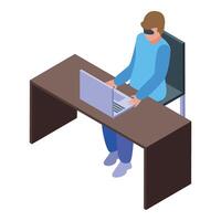 Blindfolded programmer working on laptop at desk, cyber security concept vector