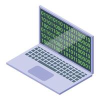 Laptop showing green binary code on screen in isometric view vector