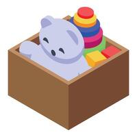 Wooden toy box containing stacking rings, blocks, and plush bear vector