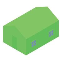 Green warehouse building with gable roof and small windows in isometric view vector