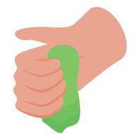 Hand squeezing green slime, sensory play for stress relief and fun vector
