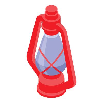 Red kerosene lamp illuminating darkness, isometric icon of vintage lighting