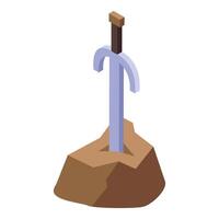 Isometric knight sword stuck in stone icon illustrating power vector