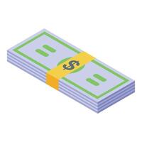 Stack of cash wrapped with yellow paper strip featuring dollar sign, isometric illustration vector