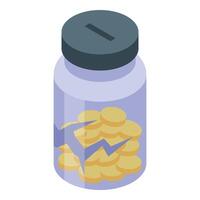 Broken container losing energy coins, battery concept isometric illustration vector