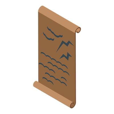 Ancient scroll depicting epic journey with mountains and sea, isometric view