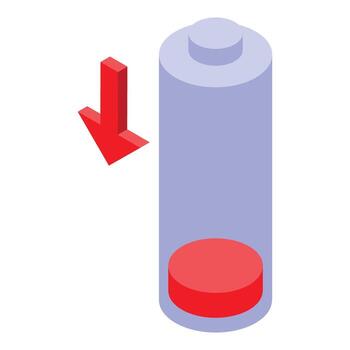 Low battery charging showing red battery indicator and down arrow isometric view vector