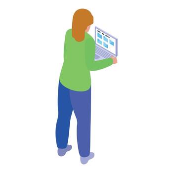 niña gerente archivos en computadora portátil, isométrica ver de eficiente flujo de trabajo vector