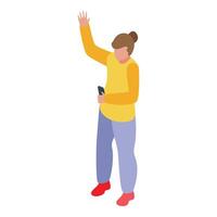 Girl holding smartphone and waving hand isometric icon vector