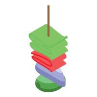 Folded towels hanging on wooden stick and forming a stack, spa and beauty treatment concept vector