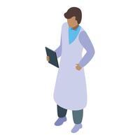 Chemist holding tablet analyzing chemical compounds in laboratory vector