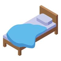 Messy bed with blue blanket and one pillow isometric illustration vector