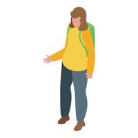 Tourist showing with open hand, wearing backpack, isometric icon vector