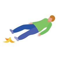 Man slipping on banana peel, falling accident isometric icon vector