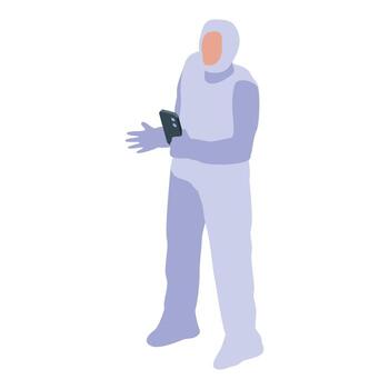Scientist in protective suit using smartphone for data analysis vector