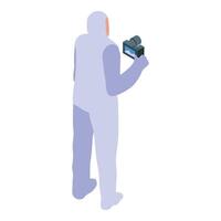 Crime scene investigator wearing protective suit taking photos with camera vector