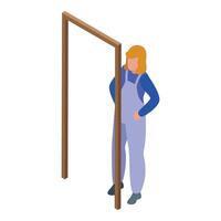 Carpenter installing wooden door frame in building construction vector