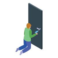 Carpenter installing door handle with electric drill isometric view vector