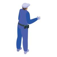 Cleaning service worker wearing blue uniform and white cap is gesturing with hand vector
