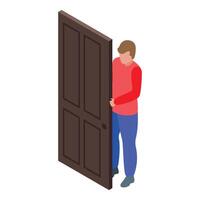 Curious man opening a door and peeking inside, isometric view vector