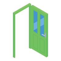 Green half open door with glass panel isometric view vector