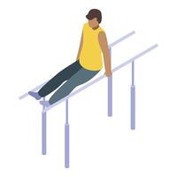 Young man training on parallel bars, gymnast performing isometric exercise vector
