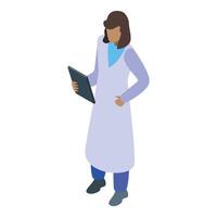 Medical intern holding tablet analyzing patient data in hospital gown vector