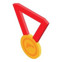 Gold medal hanging with red ribbon symbolizing first place achievement vector