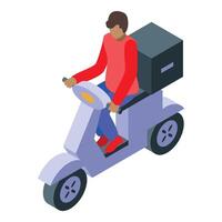 Delivery man riding scooter with parcel box isometric icon vector