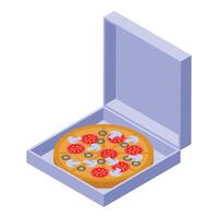 Opened pizza box with delicious pizza inside, isometric view vector