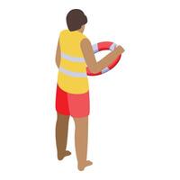 Lifeguard watching over bathers holding lifebuoy, rear view isometric illustration vector